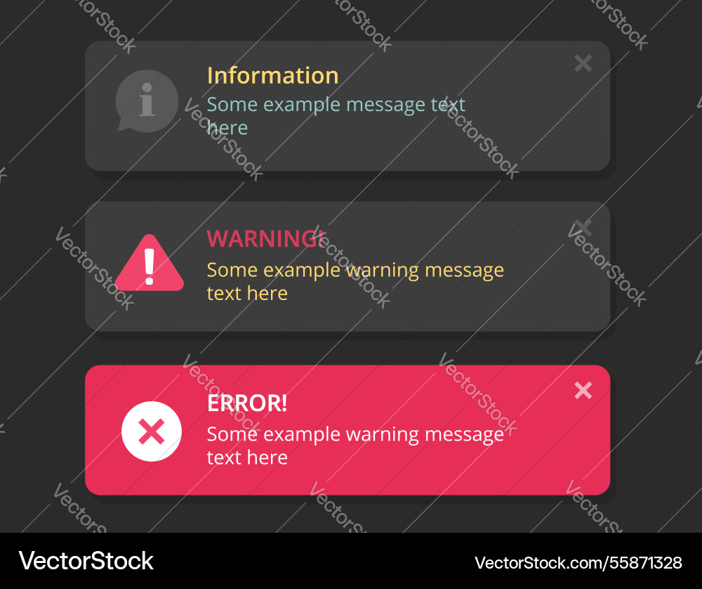Notification ui windows set dark black interface Notification ui windows set dark black interface vector image