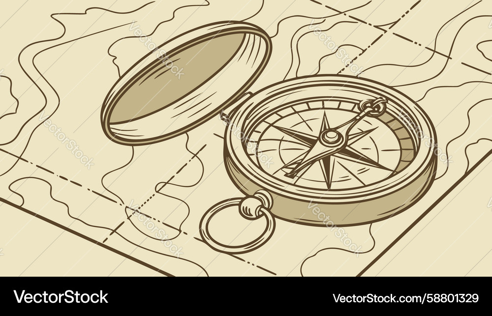 Compass and map on scroll exploration Vector Image