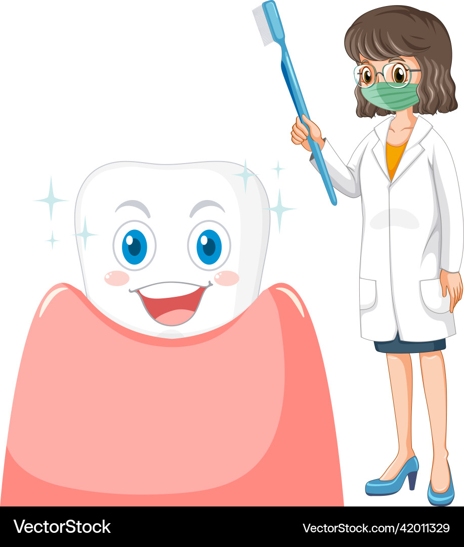 Happy dentist holding toothbrush with a big tooth vector image