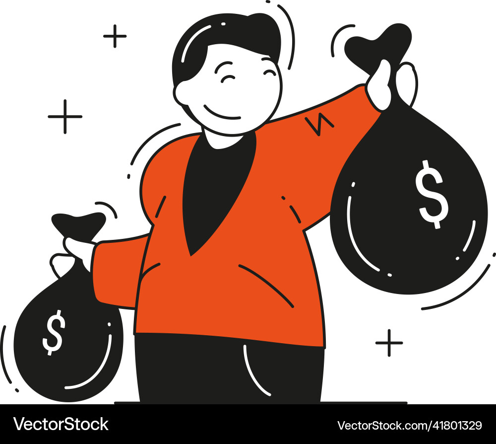 Happy rich man carrying sacks dollar signs full Happy rich man carrying sacks dollar signs full vector image