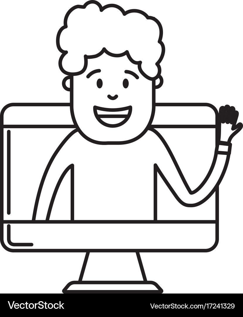 Line technology computer with man inside Vector Image
