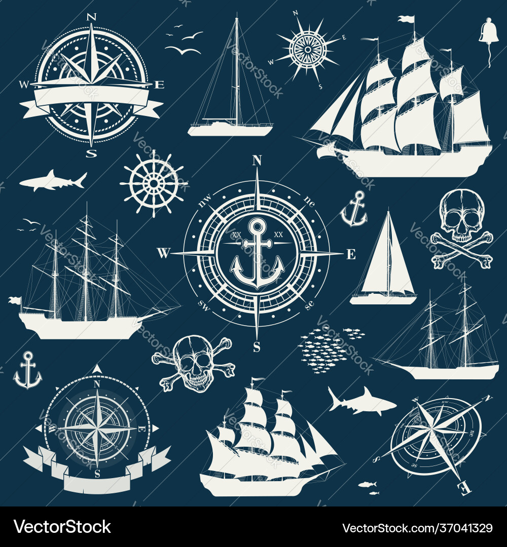 Set nautical design objects sailing ships Set nautical design objects sailing ships vector image