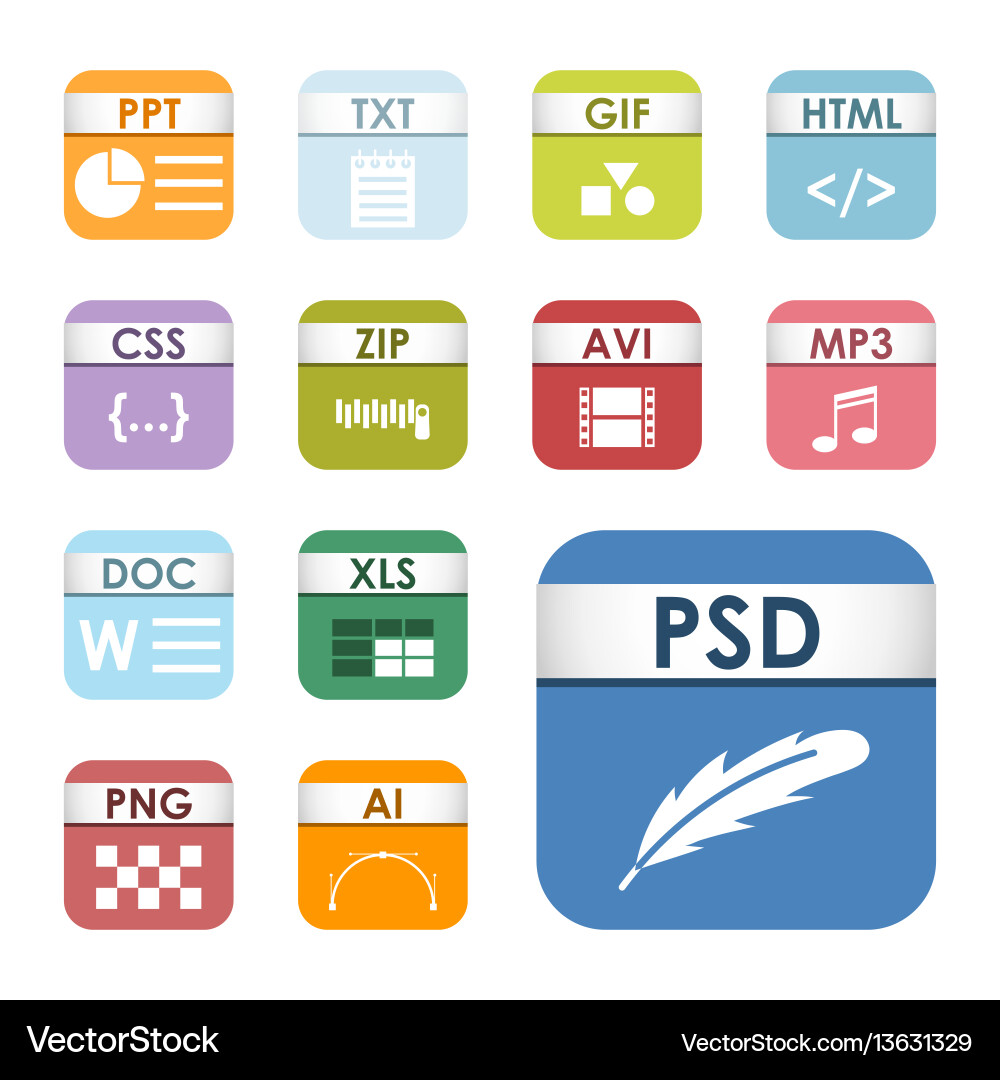 Simple square file types formats labels icon set Simple square file types formats labels icon set vector image