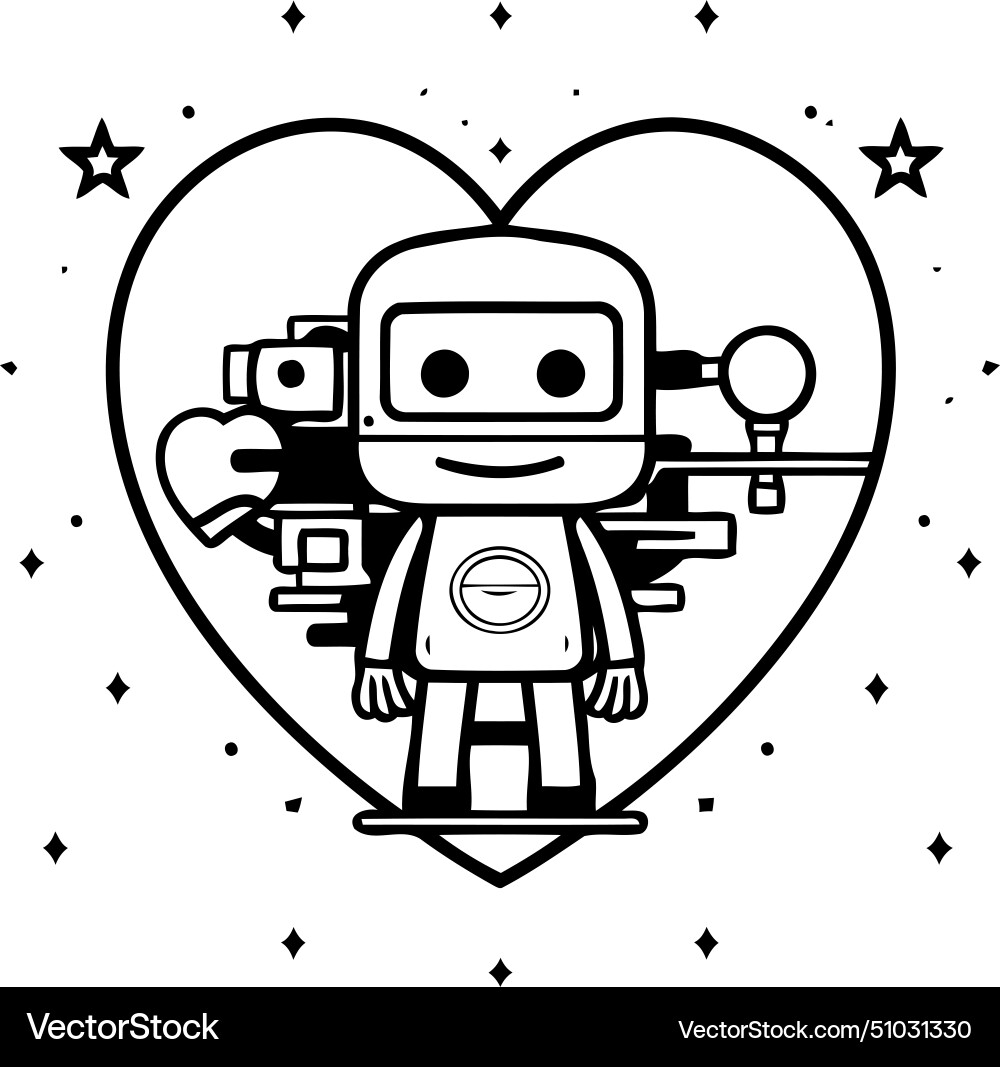 Cute robot with heart in flat linear style Vector Image