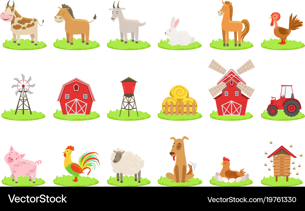 Farm associated animals and objects set vector image