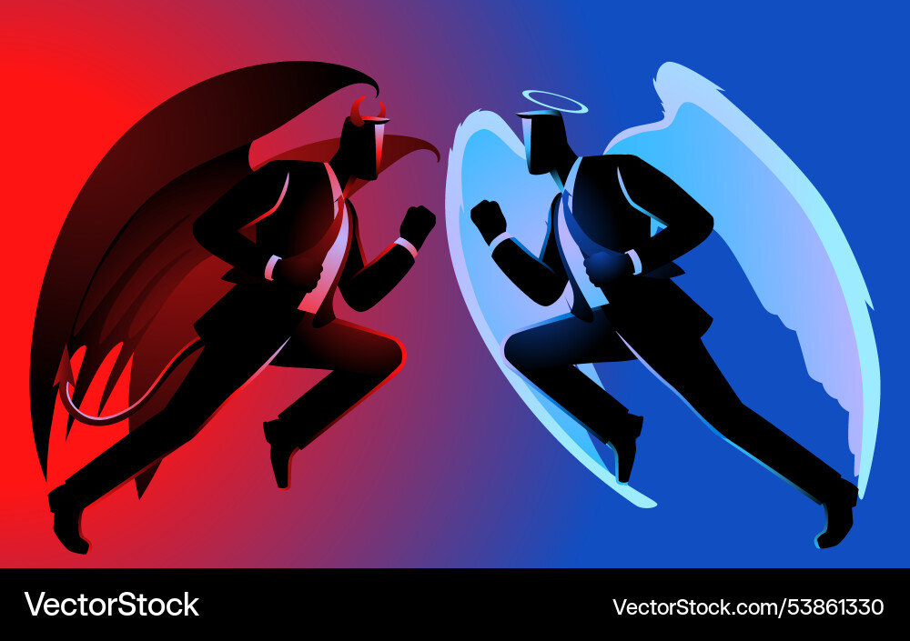 Geschäftsmann blau rot Silhouette Engel Teufel Gesicht Geschäftsmann blau rot Silhouette Engel Teufel Gesicht Vektorbild