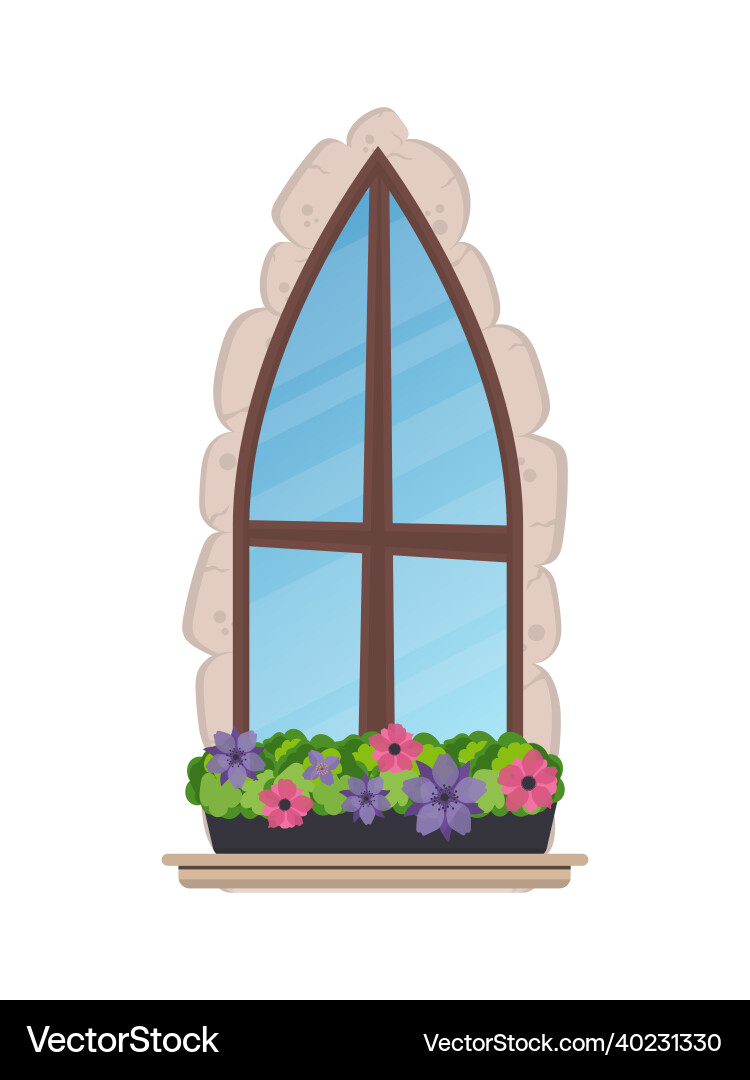 Old window with flowers and stone cladding Old window with flowers and stone cladding vector image