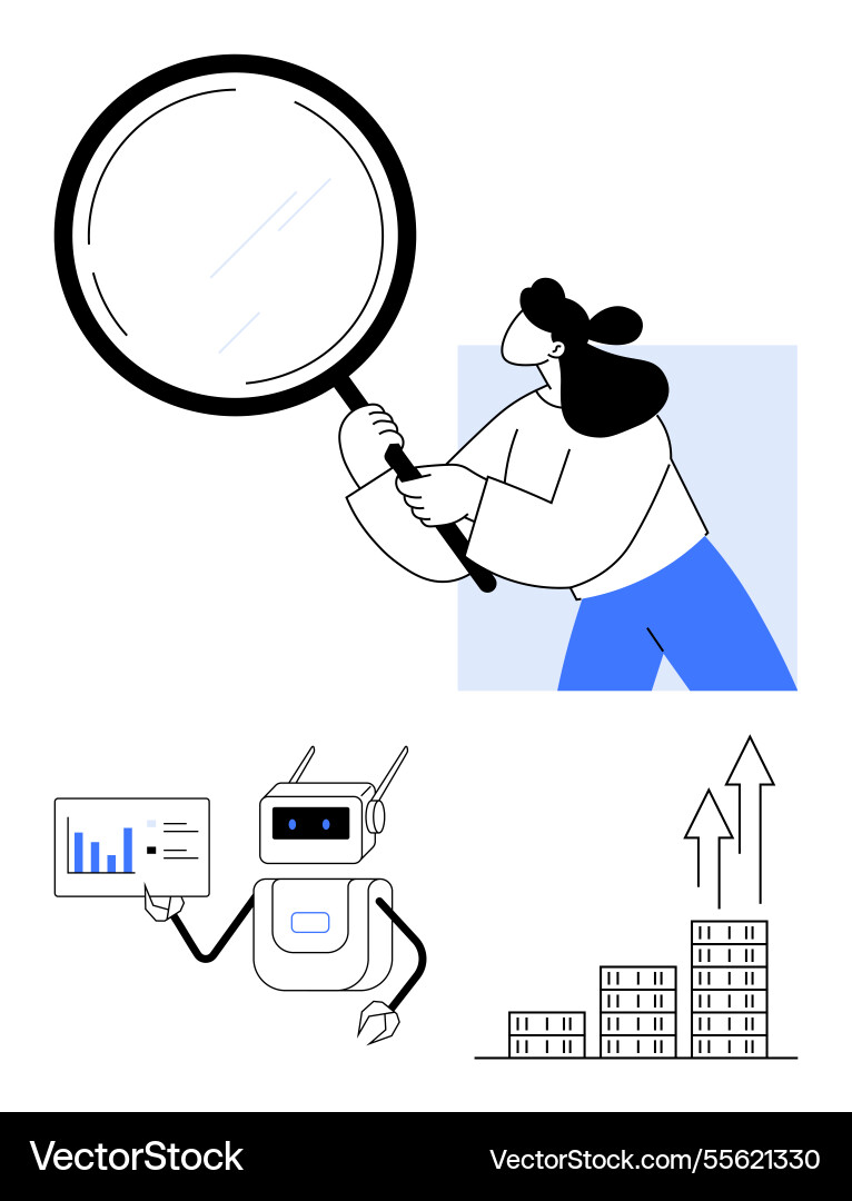 Woman analyzing data with magnifying glass robot Woman analyzing data with magnifying glass robot vector image