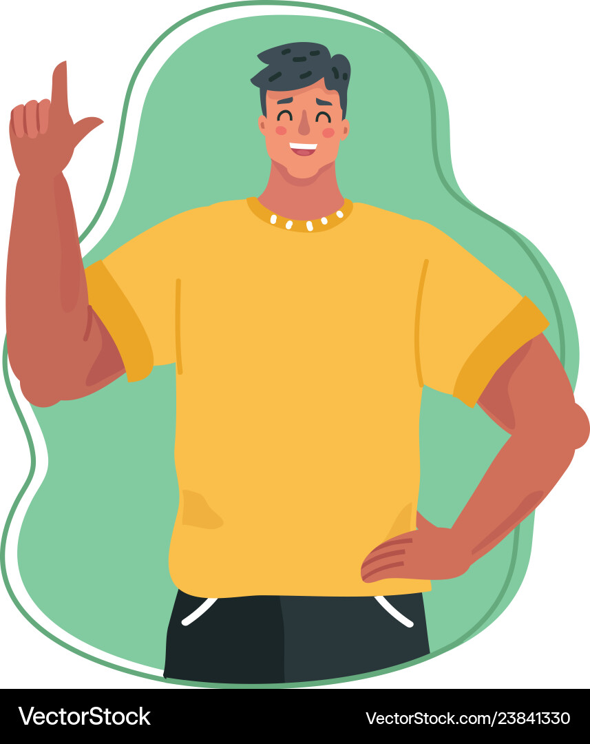 Young man smiling and pointing index finger up Young man smiling and pointing index finger up vector image