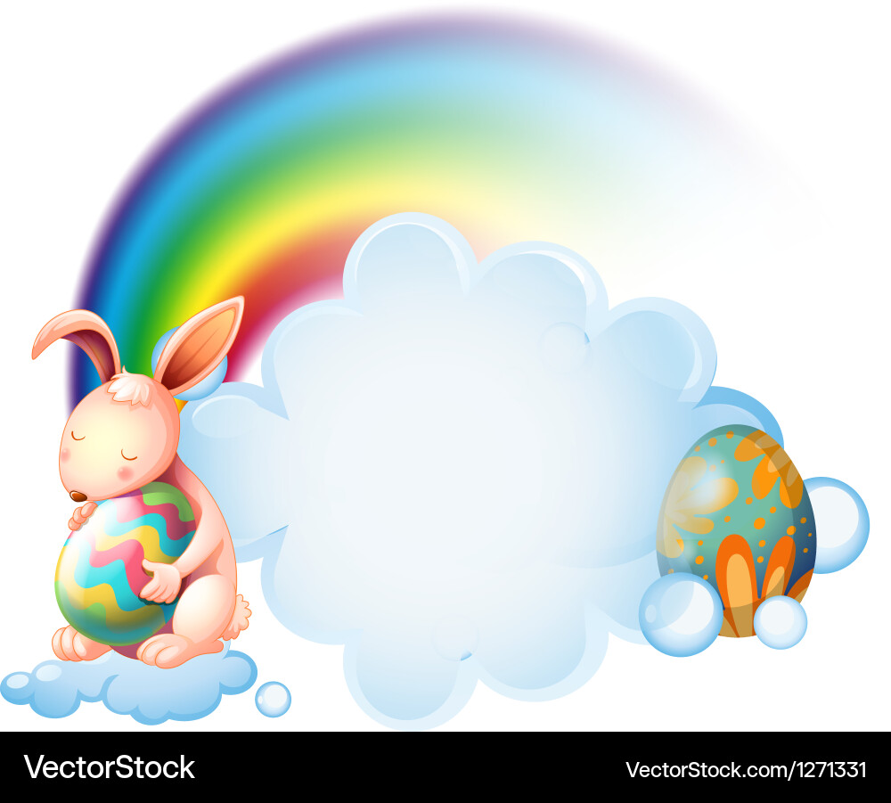 A bunny hugging an easter egg near the rainbow Vector Image