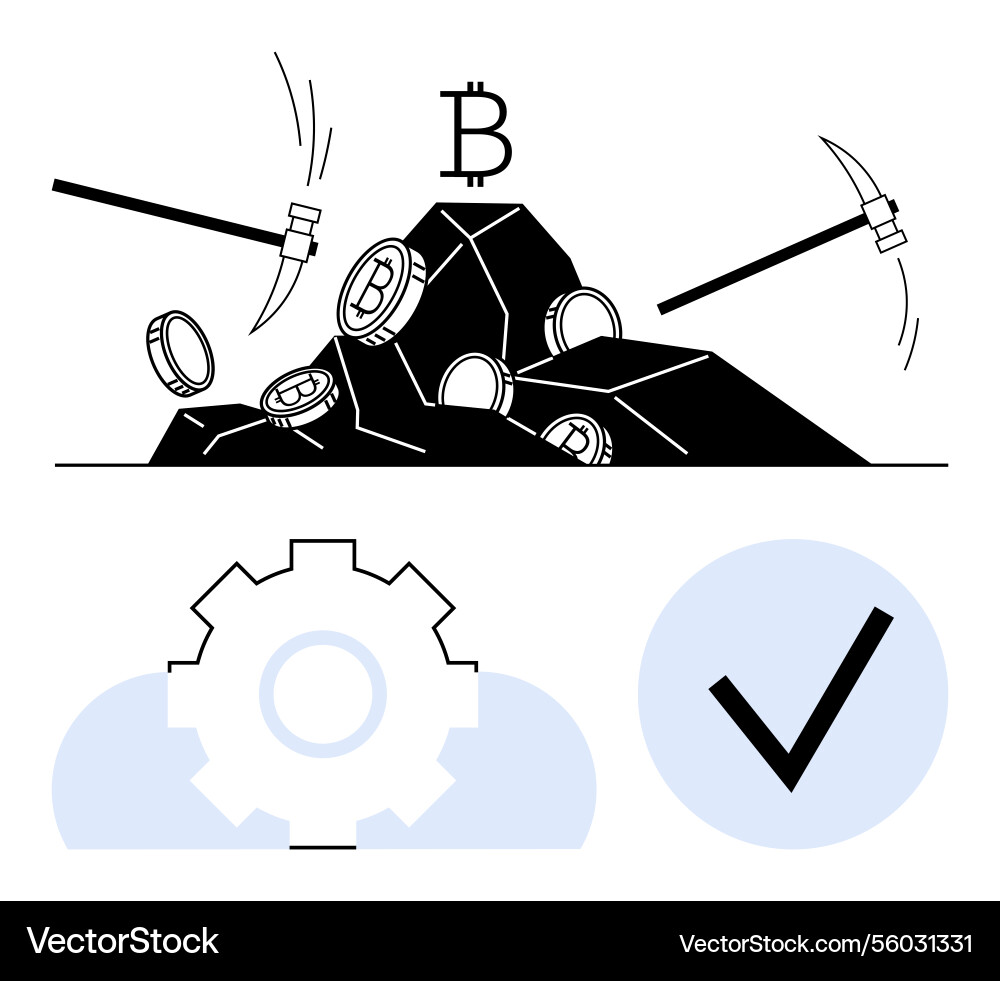 Bitcoin mining process with pickaxes and gear next Bitcoin mining process with pickaxes and gear next vector image