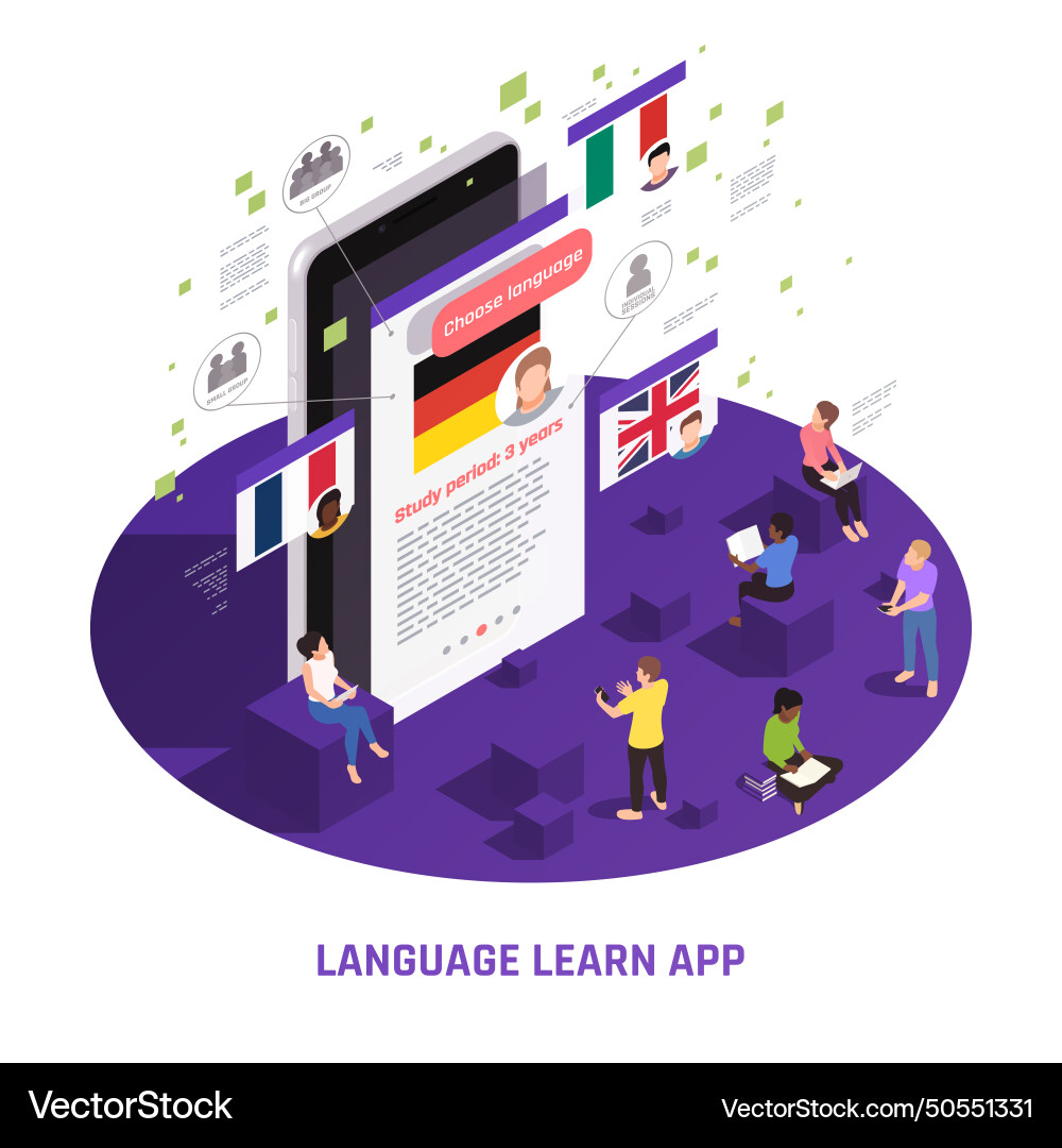 Language learning isometric composition Language learning isometric composition vector image