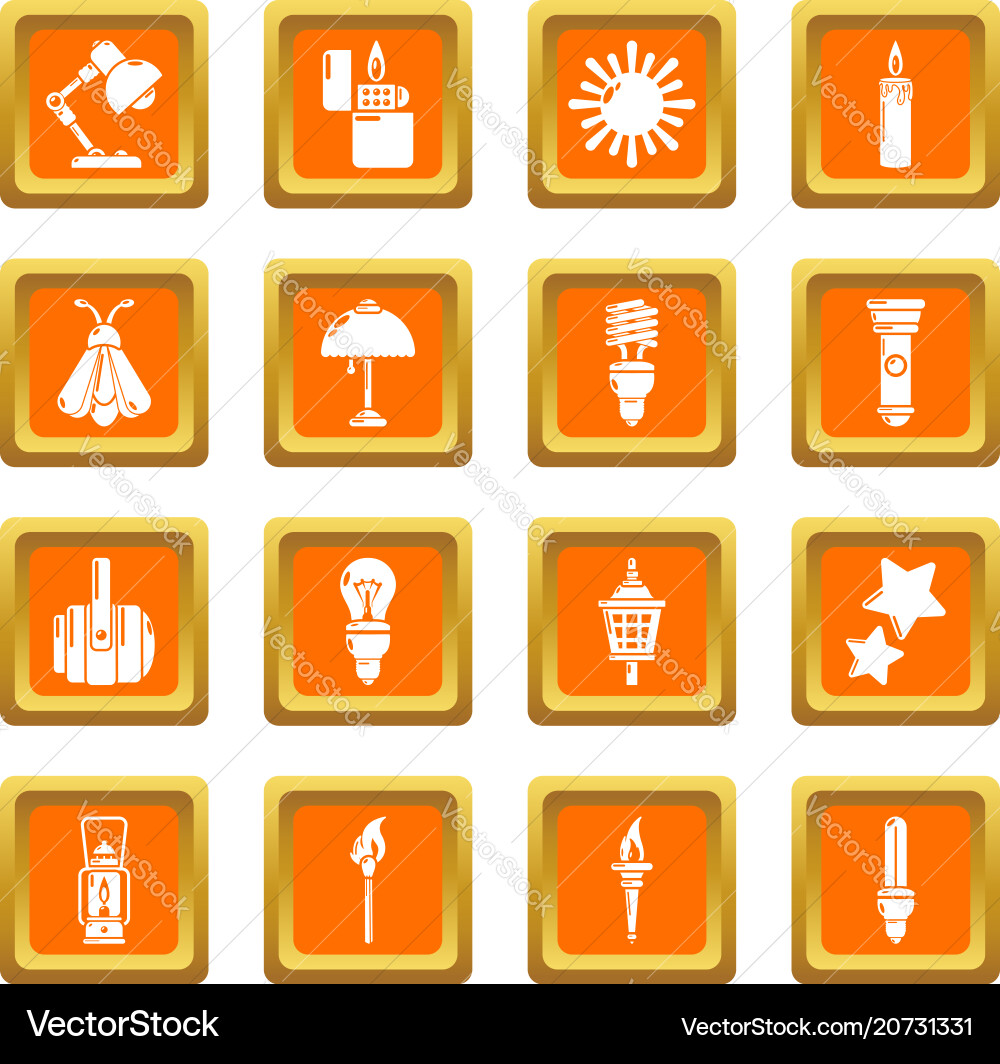 Light source icons set orange square Light source icons set orange square vector image