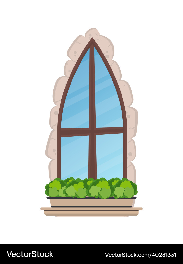 Old window with flowers and stone cladding Old window with flowers and stone cladding vector image