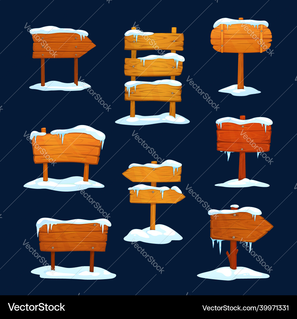 Winter wooden signs cartoon signboards with snow Winter wooden signs cartoon signboards with snow vector image