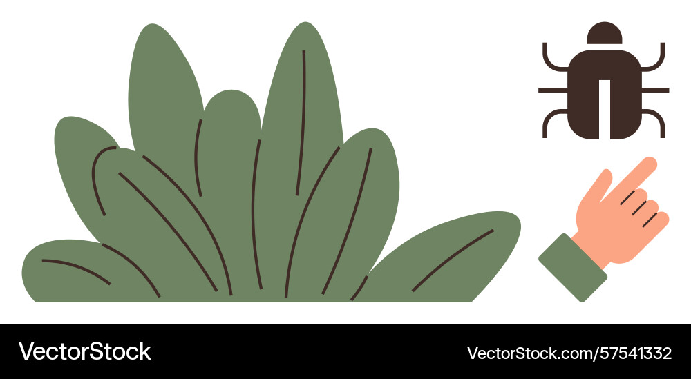 Hand pointing at bug emerging from bushes Hand pointing at bug emerging from bushes Vector Image