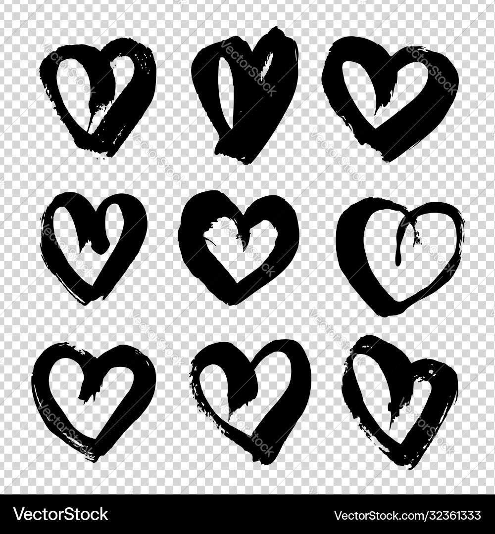 Abstract black textured smears in heart shape set Abstract black textured smears in heart shape set Vector Image