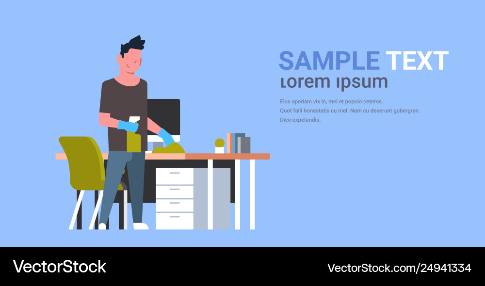 Man cleaning computer table with duster guy wiping Man cleaning computer table with duster guy wiping vector image
