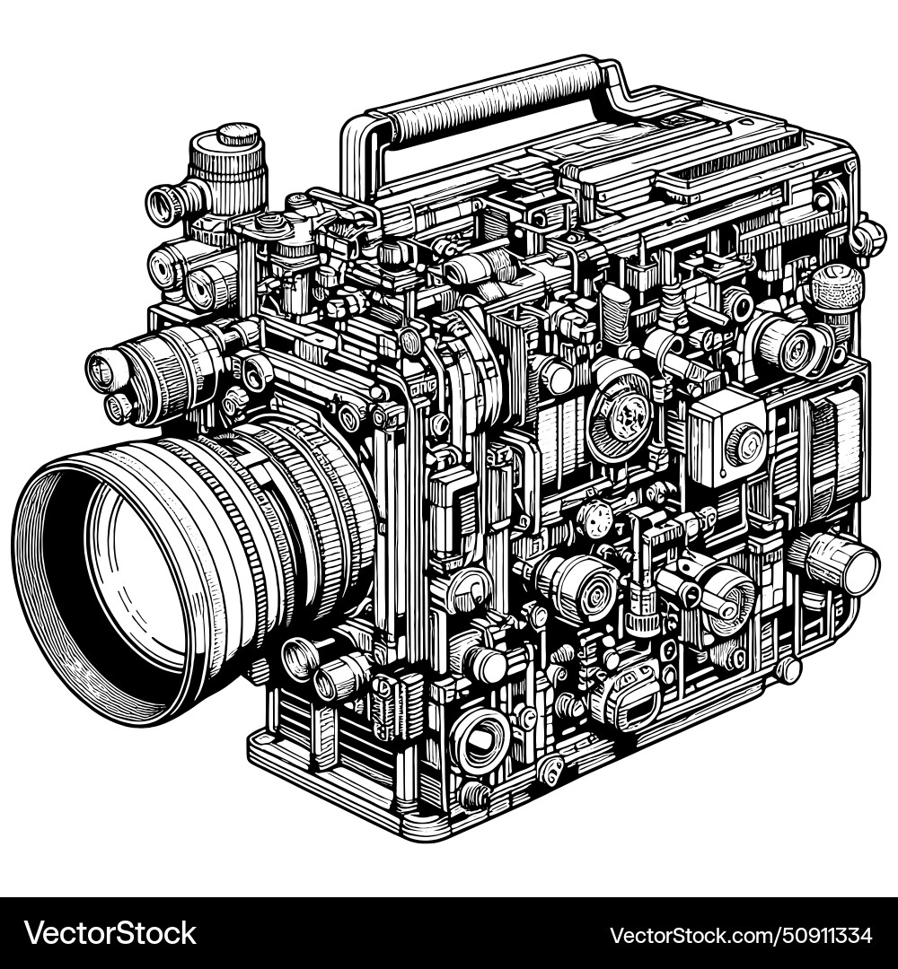 Old video camera with a complex mechanism sketch Vector Image