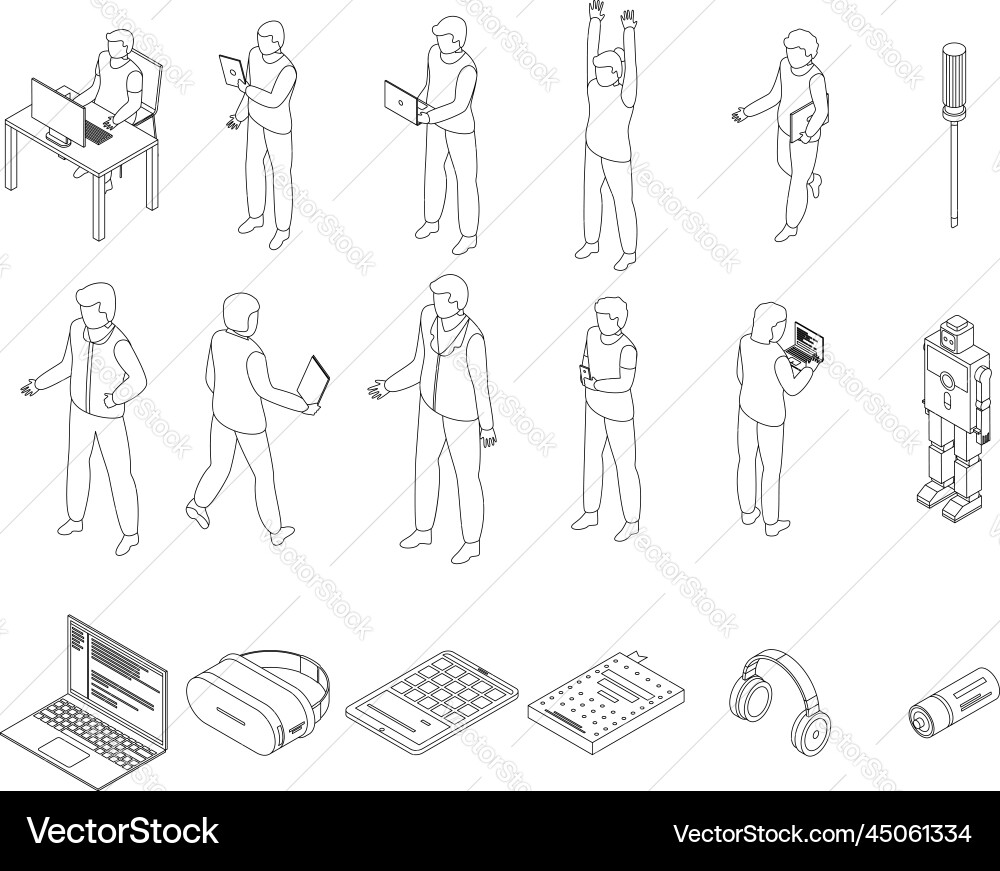 Programming for children icons set outline Programming for children icons set outline vector image