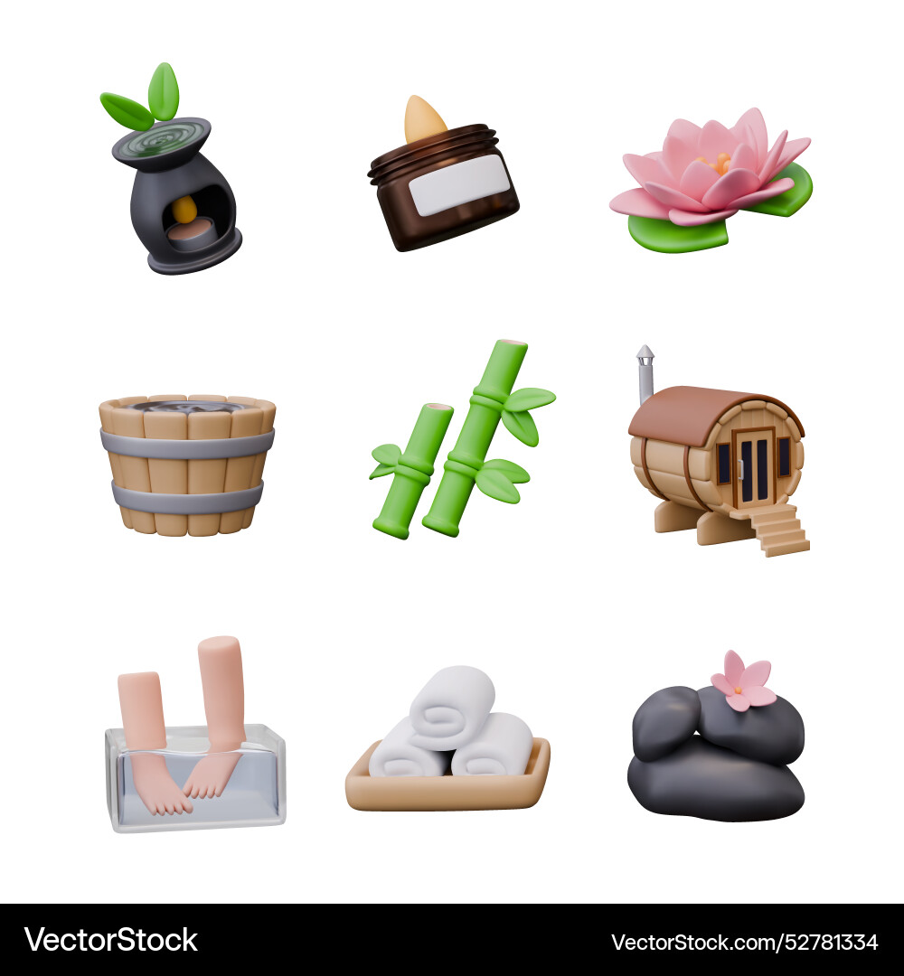 Set of 3d spa objects in cartoon style isolated Set of 3d spa objects in cartoon style isolated vector image