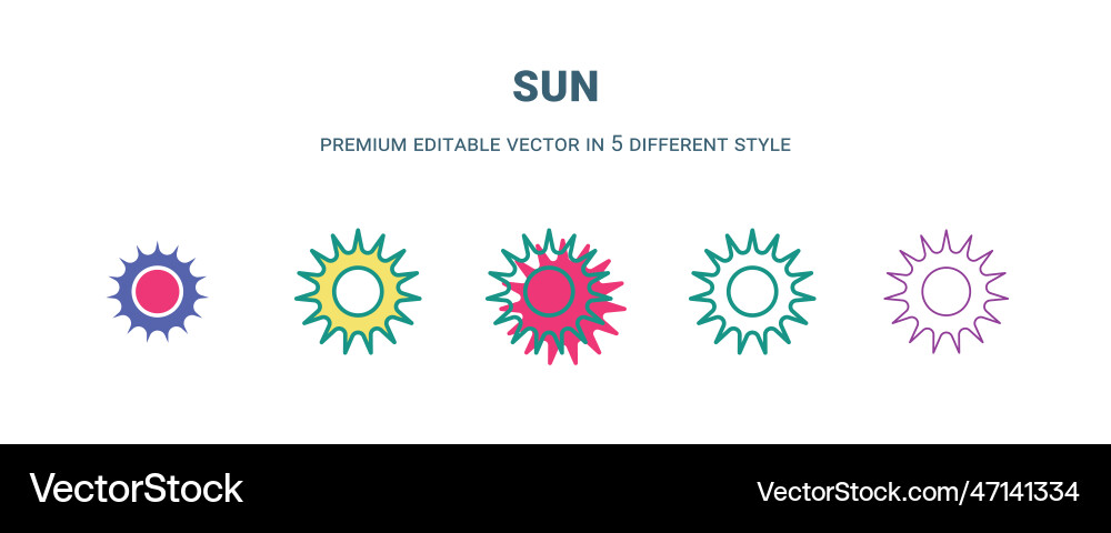 Sun icon in 5 different style outline filled two Sun icon in 5 different style outline filled two vector image