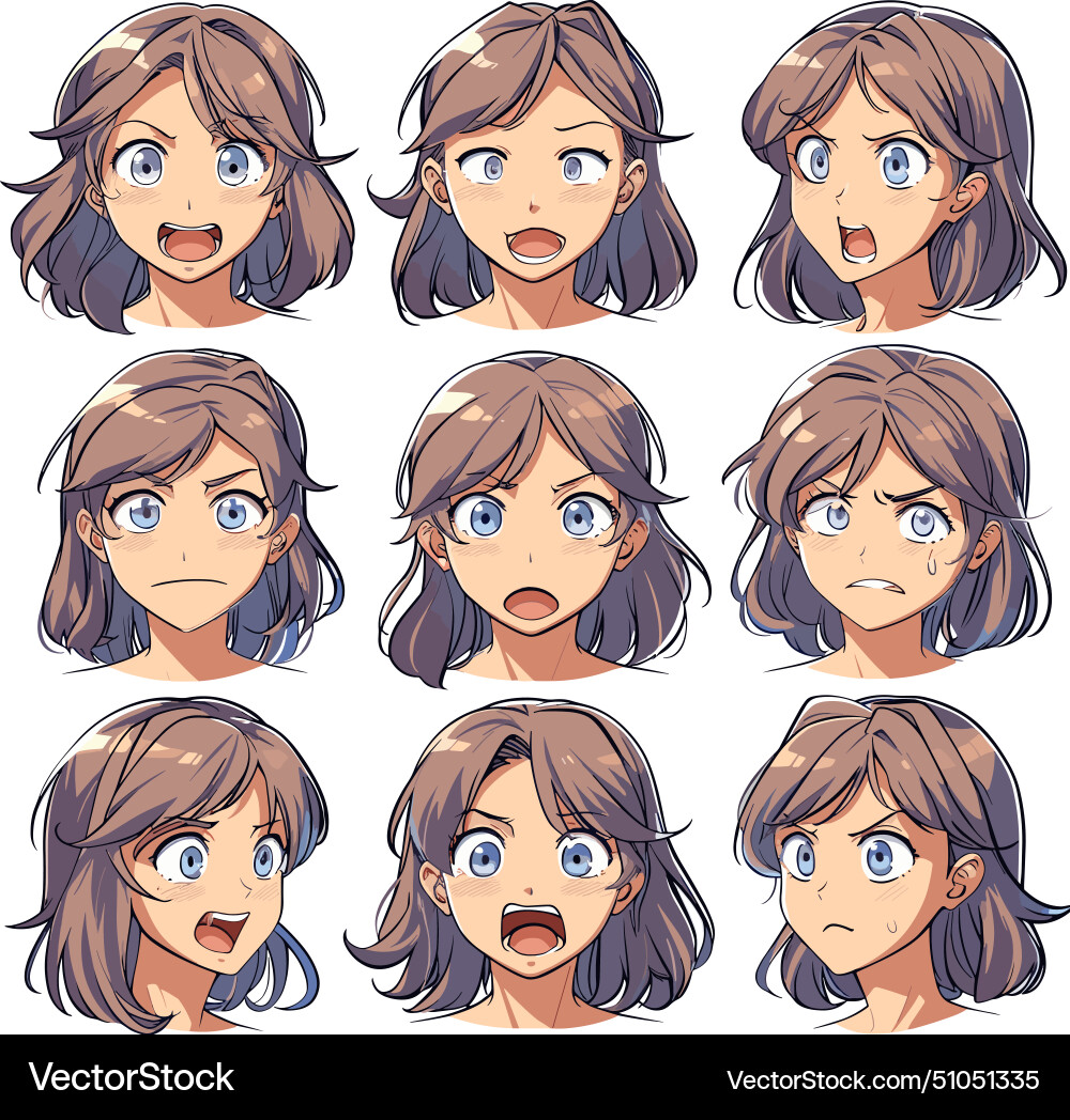 Anime girl face emotions manga woman cute Anime girl face emotions manga woman cute vector image