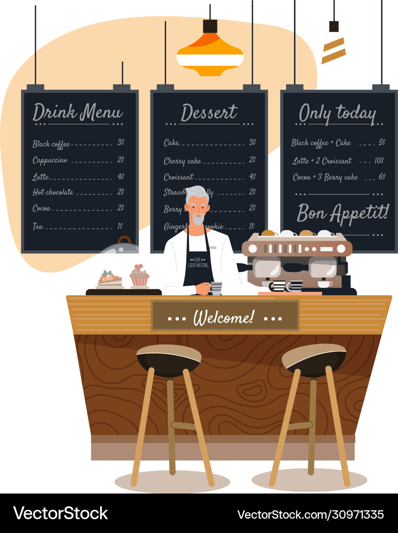 Bartender in coffee house man cartoon character Bartender in coffee house man cartoon character vector image