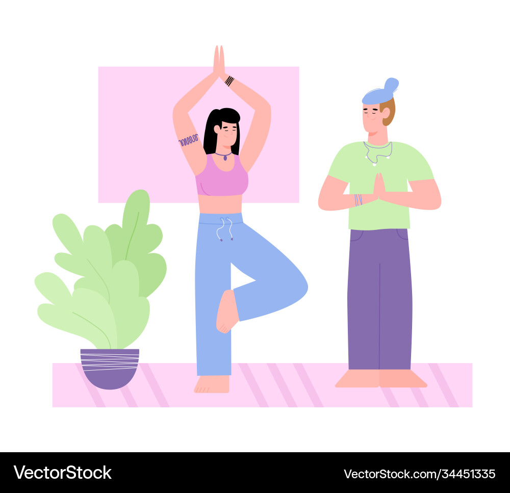 Couple doing yoga poses and exercises at home Couple doing yoga poses and exercises at home vector image