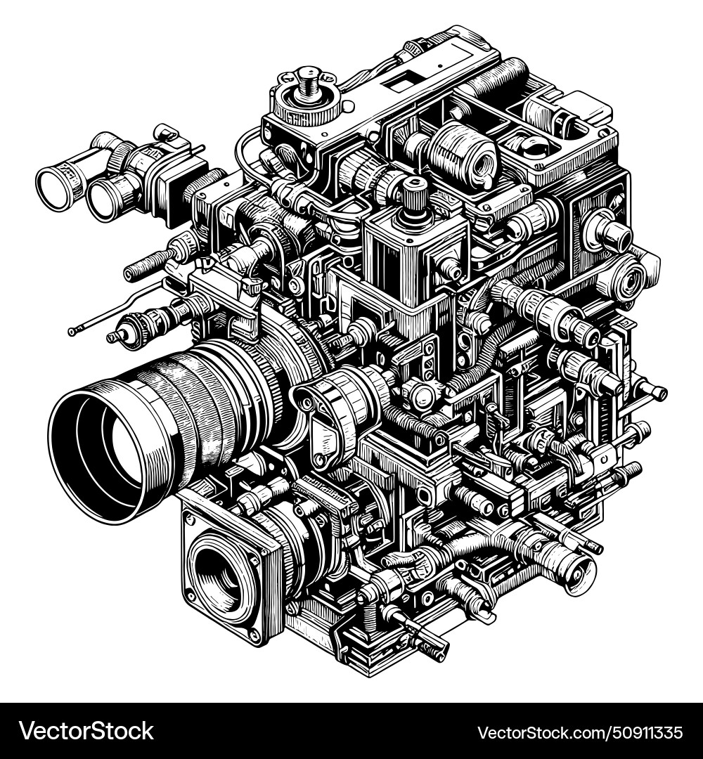 Old video camera with a complex mechanism sketch Vector Image