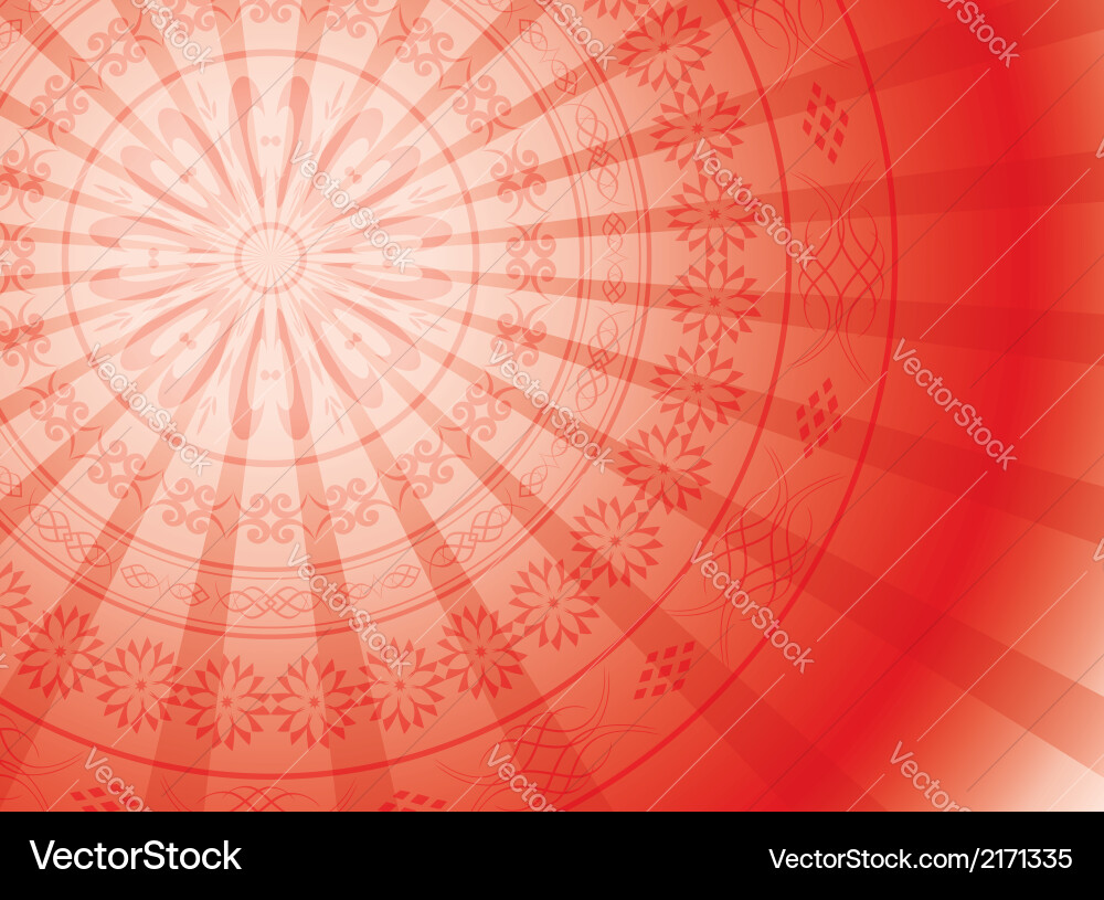 Red background with round ornament and rays vector image