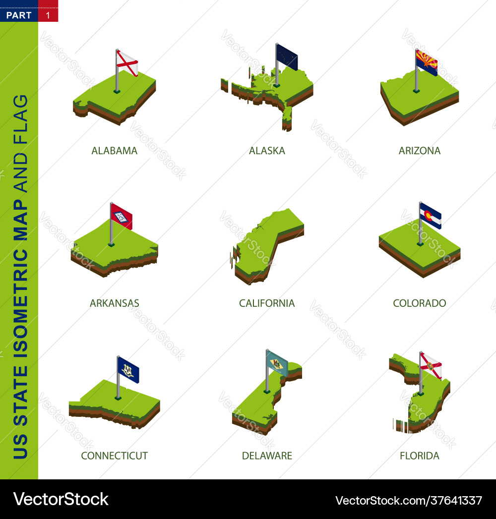 Set 9 isometric us state maps and flags 3d vector image