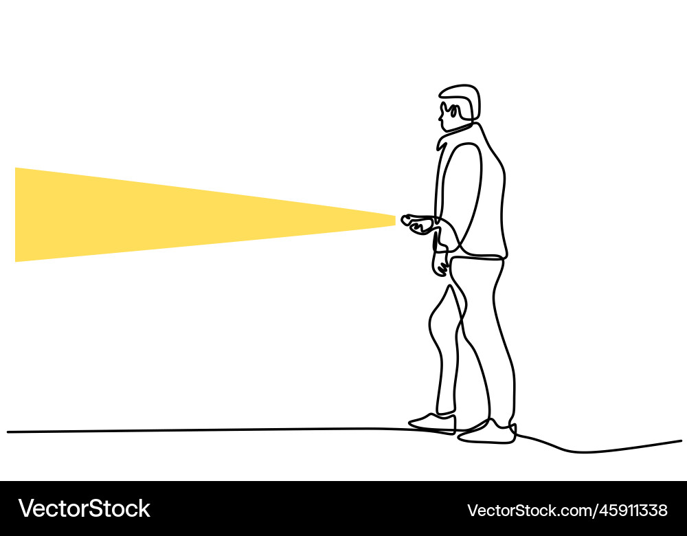 Continuous line drawing of man with flashlight Continuous line drawing of man with flashlight vector image