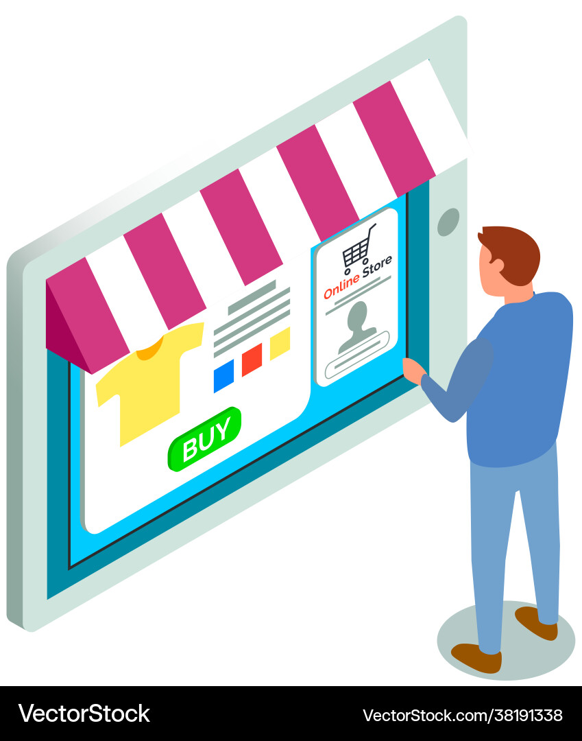 Man is using tablet with app for buying Man is using tablet with app for buying Vector Image