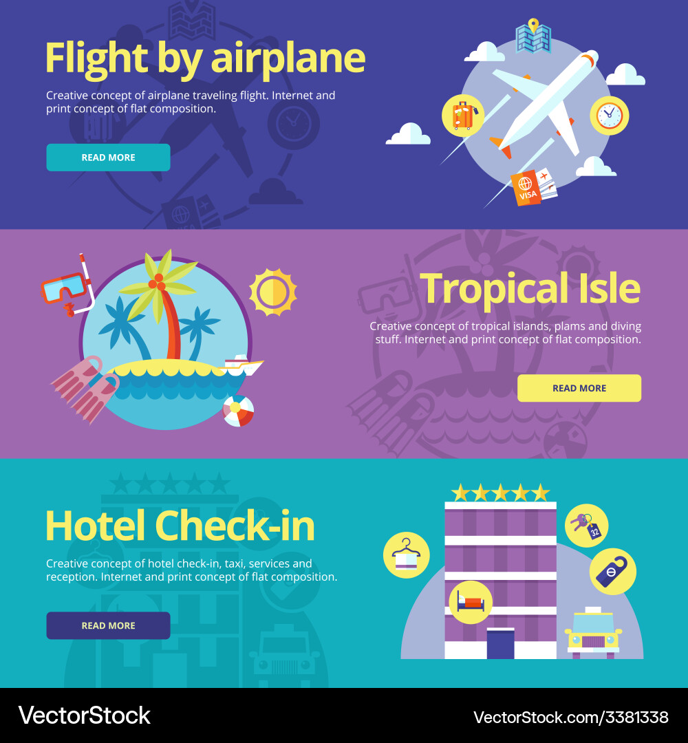 Set of flat design concepts for flight by plane vector image