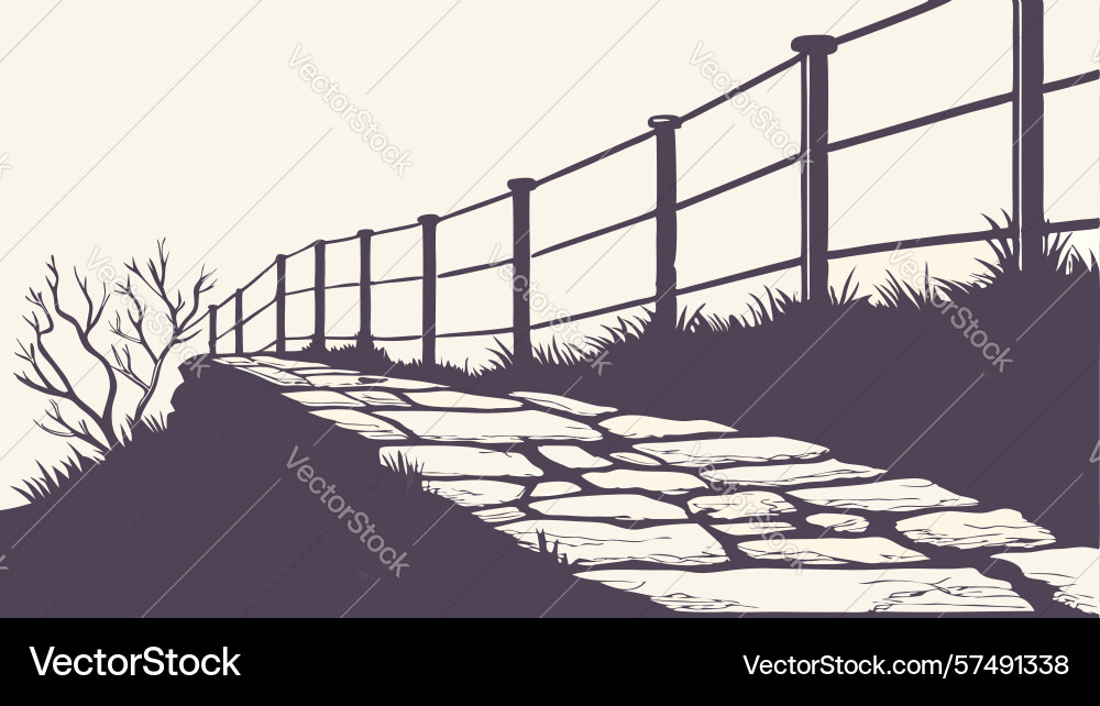 Winding cobblestone path with rustic fence Vector Image