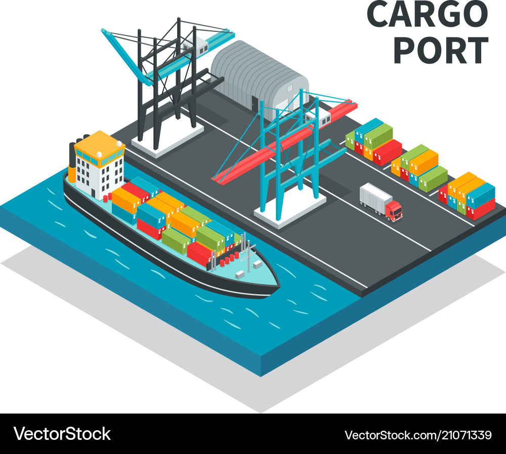 Cargo port isometric composition Royalty Free Vector Image