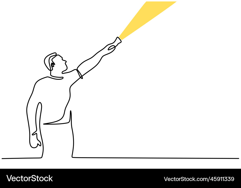 Continuous line drawing of man with flashlight Continuous line drawing of man with flashlight vector image