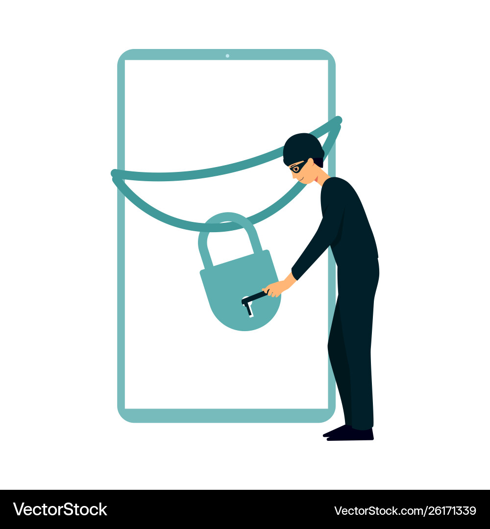 Hacker opens lock on gadget screen flat vector image