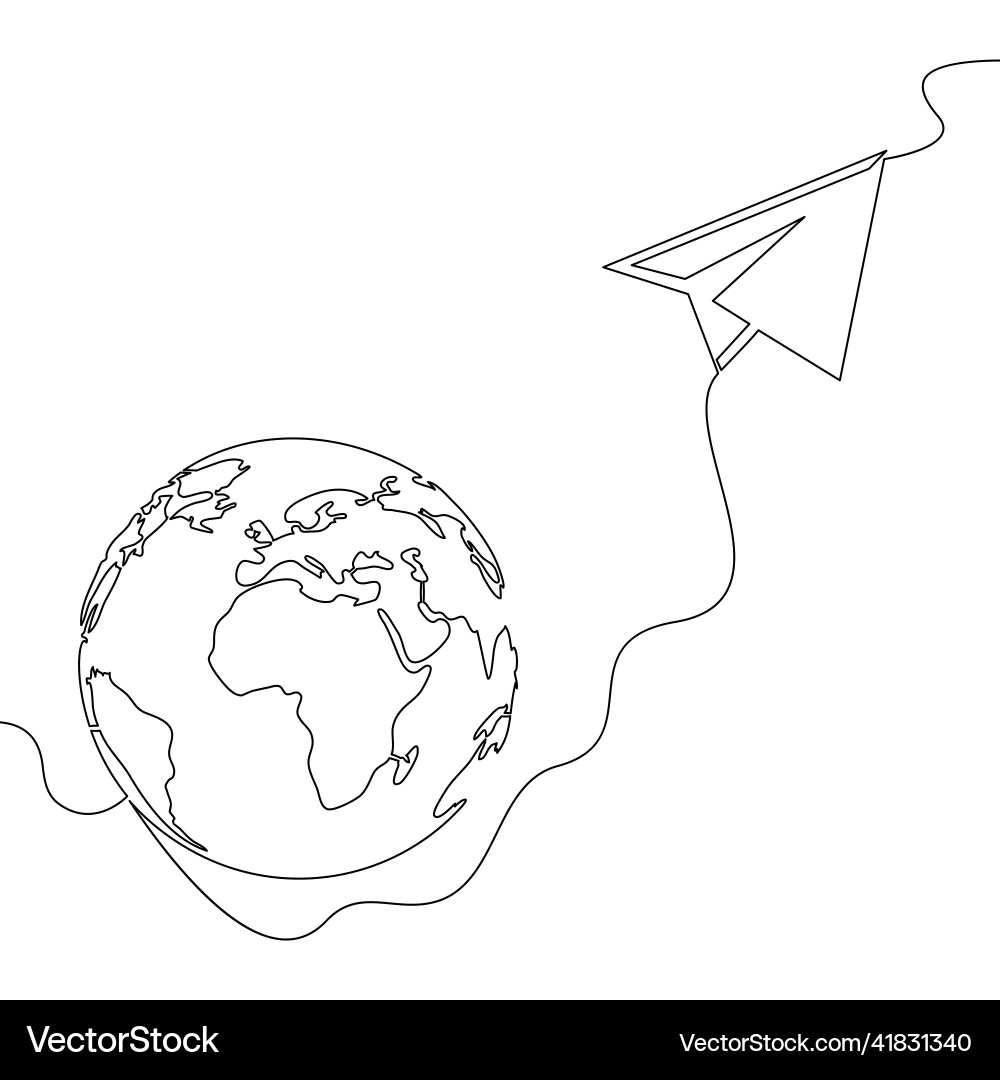 Continuous line drawing globe with paper plane vector image