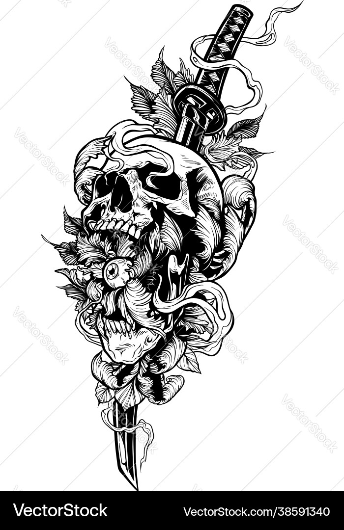 Detailed graphic human skull with katana sword Detailed graphic human skull with katana sword vector image