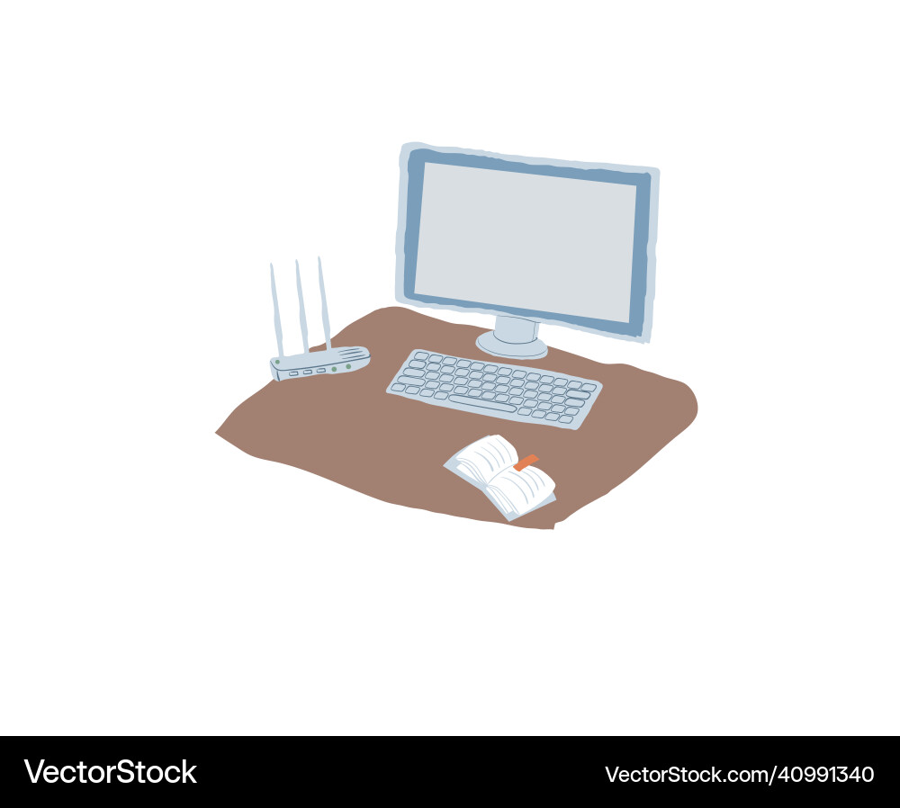 Flat cartoon computer monitor and keyboard vector image