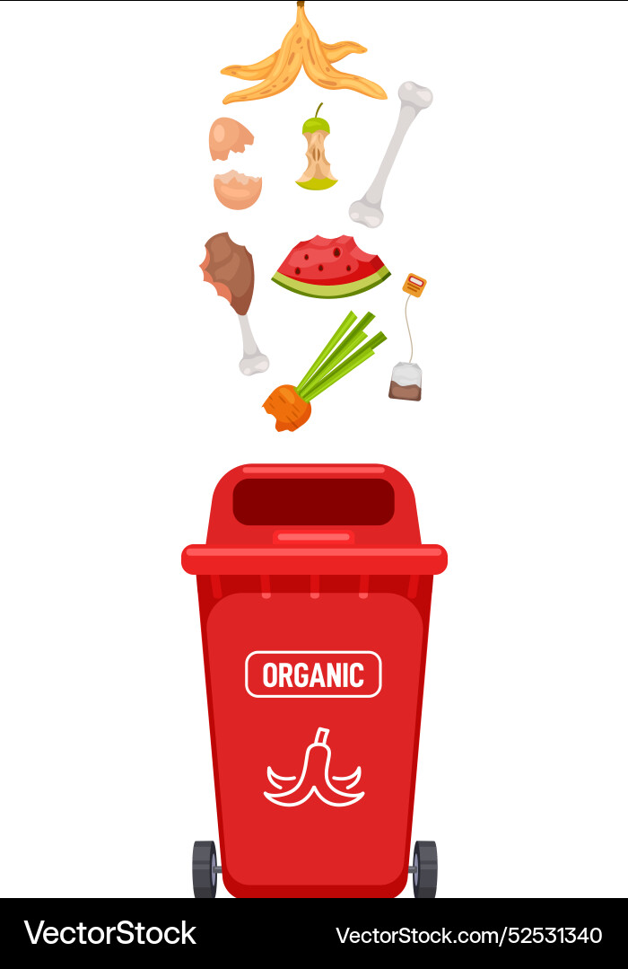 Organic waste red trash can garbage sorting vector image