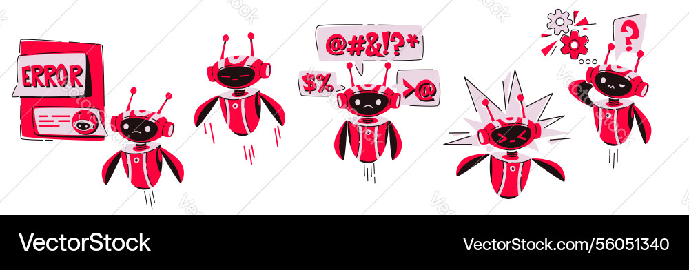 Red robot cartoon characters set - error messages Red robot cartoon characters set - error messages Vector Image