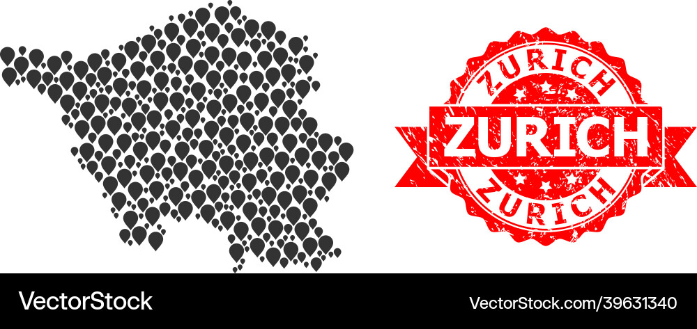 Scratched zurich stamp seal and pointer mosaic map Scratched zurich stamp seal and pointer mosaic map vector image