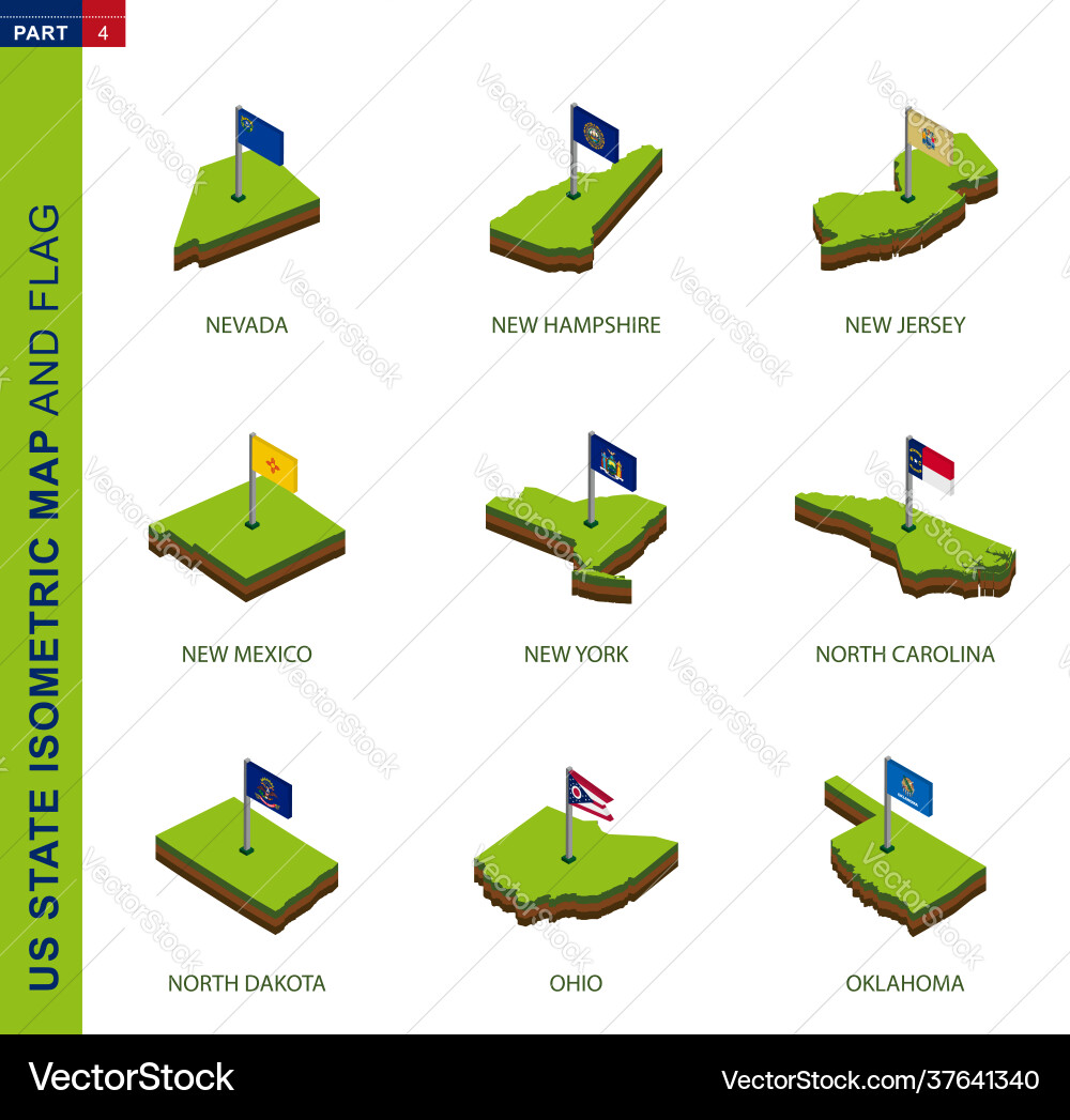 Set 9 isometric us state maps and flags 3d vector image