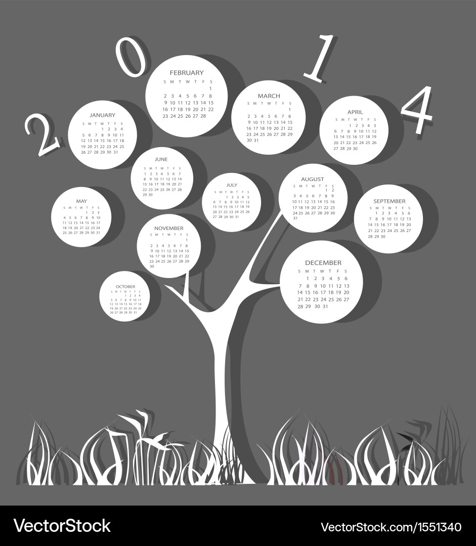 Tree calendar for 2014 year with circles vector image