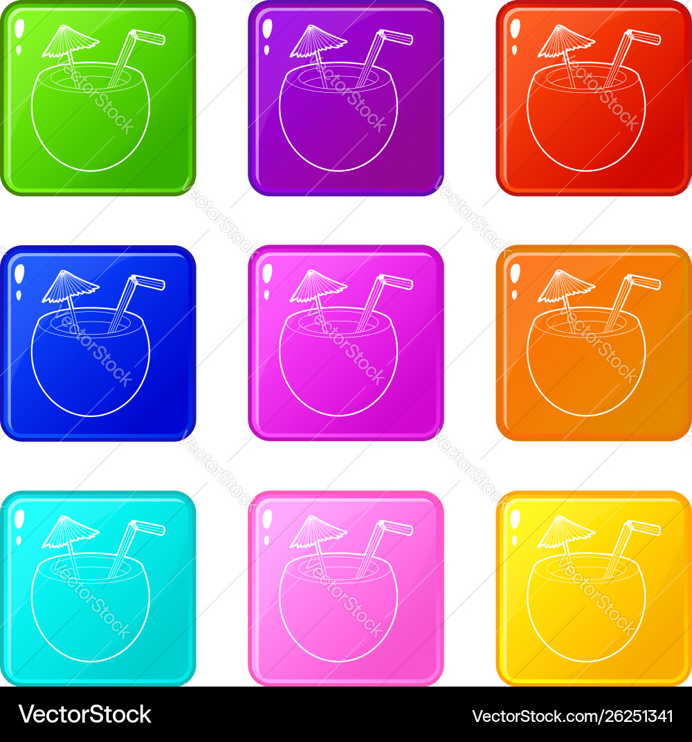 Coconut cocktail icons set 9 color collection Coconut cocktail icons set 9 color collection vector image