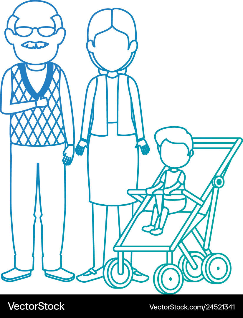 Cute grandparents couple with grandson in cart Cute grandparents couple with grandson in cart vector image