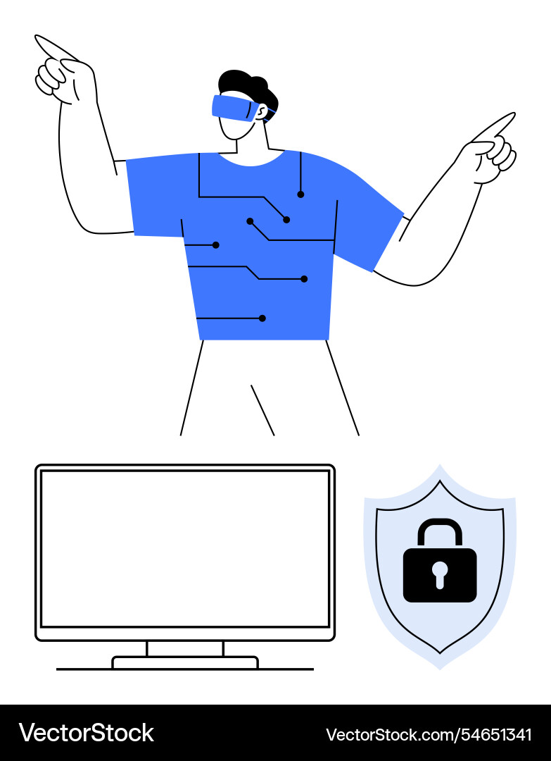 Man with vr headset pointing up next to monitor Man with vr headset pointing up next to monitor vector image